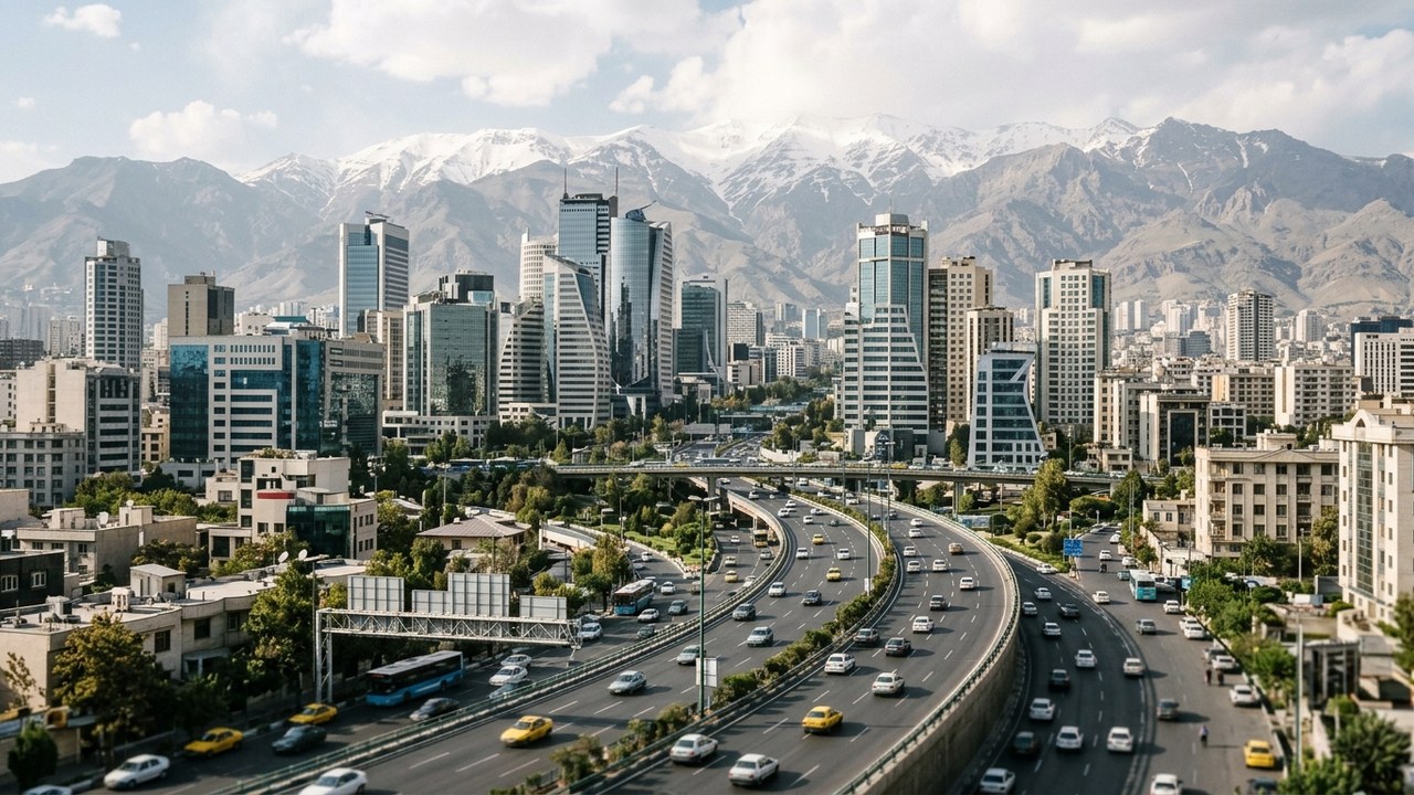 AI-generated photorealistic context: A wide view of a contemporary Tehran business district with the Alborz mountains in the distance